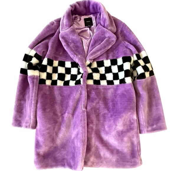 Forever 21 Y2K Purple Faux Fur Coat – Checkerboard Racing Stripe, Oversized Lrg. - Picture 1 of 7
